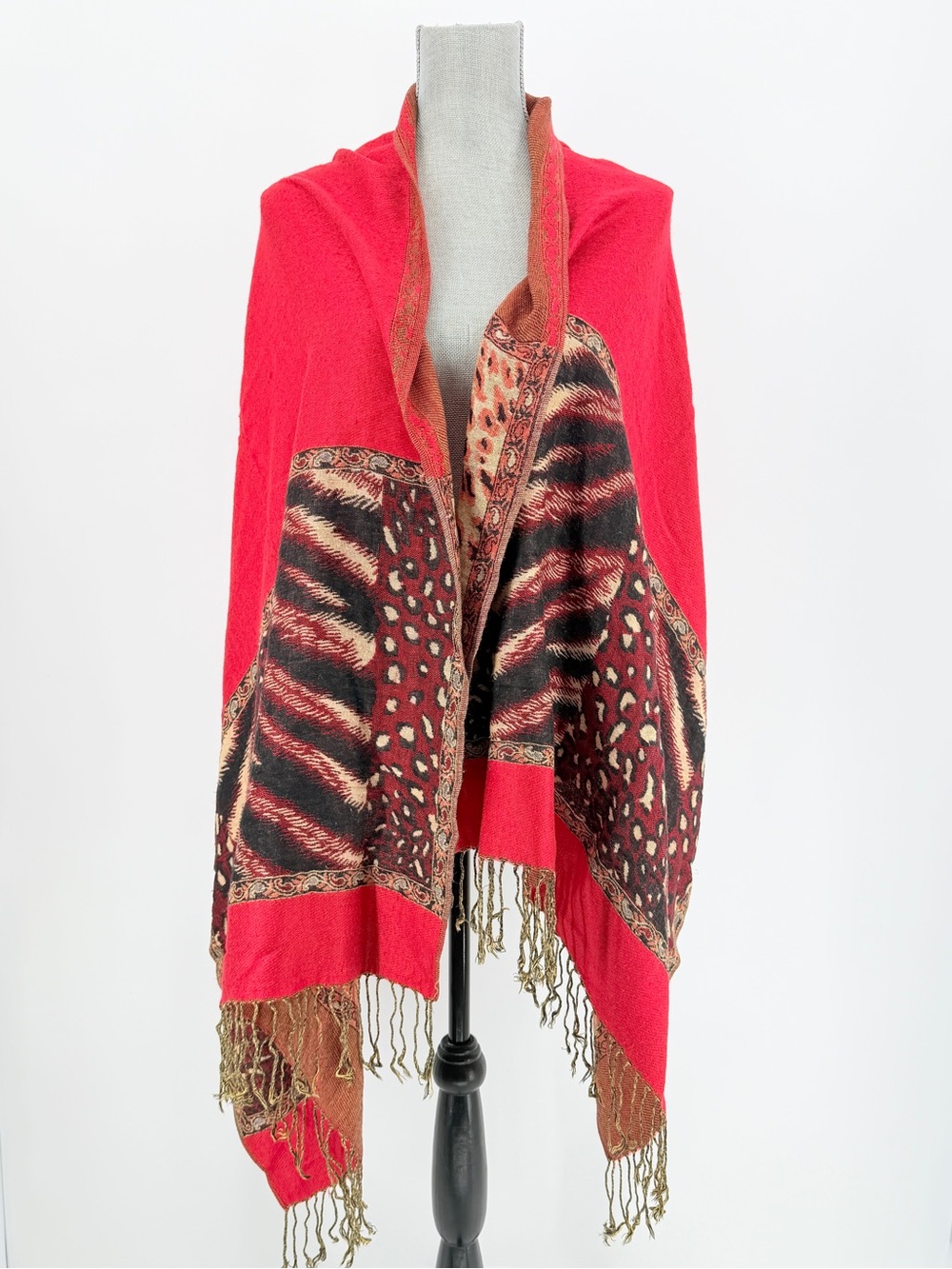 Patchwork Zebra Leopard Shawl metallic fringe tassel hem oversize red black